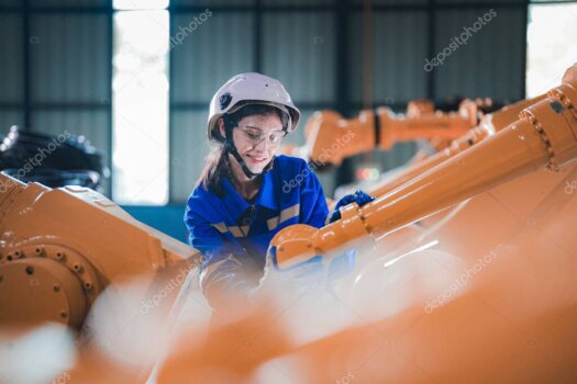 Ingenieur blickt auf industrielle Anlage mit digitalen Datenanzeigen